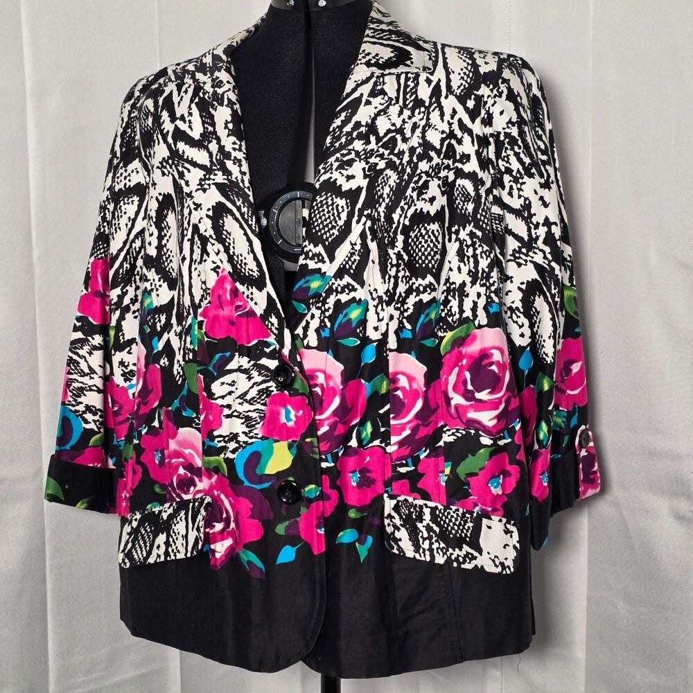 Elementz Woman 2X Blazer Jacket Black White Pink Floral Animal Print Tab Cuff
